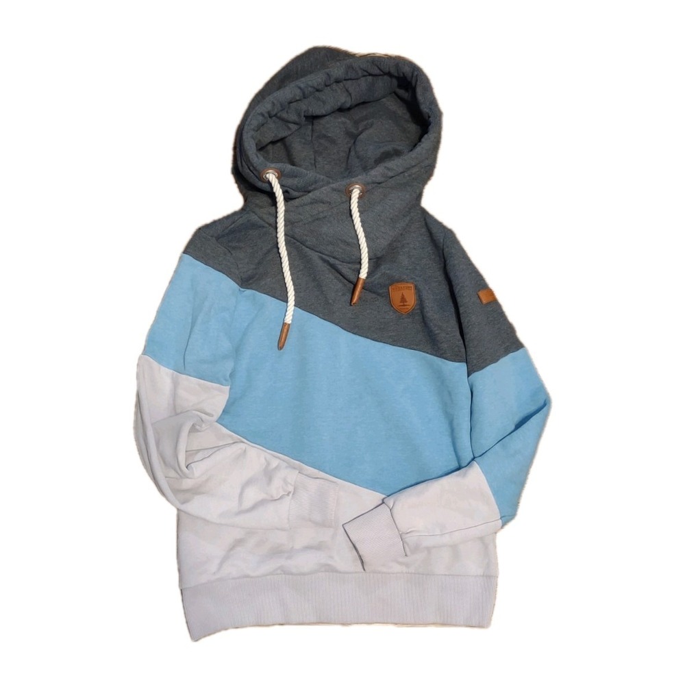 Wanakome Adventure Mfg Co Colorblock Cowl Neck Hoodie Grey Blue White Mens M